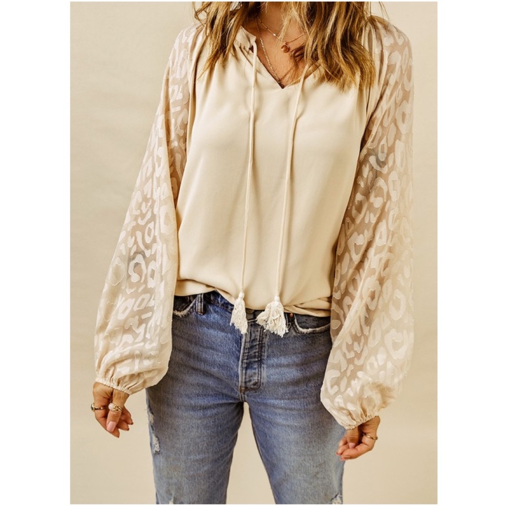 Leopard Print Sheer Sleeve Neck Tie Blouse